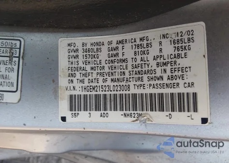 2003 Honda Civic Lx z USA, uszkodzony, nr VIN 1HGEM21523L023008